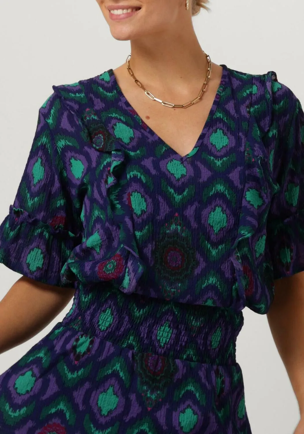 alix the label haut ladies woven ikat ruffle top en violet