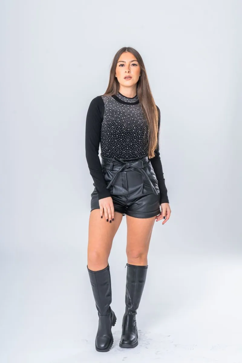 Body manches longues à strass noir