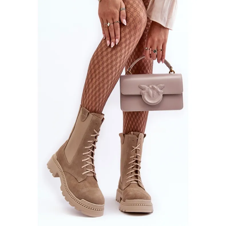 Bottines de travail en daim à lacets pour femmes Beige Nicole 2836