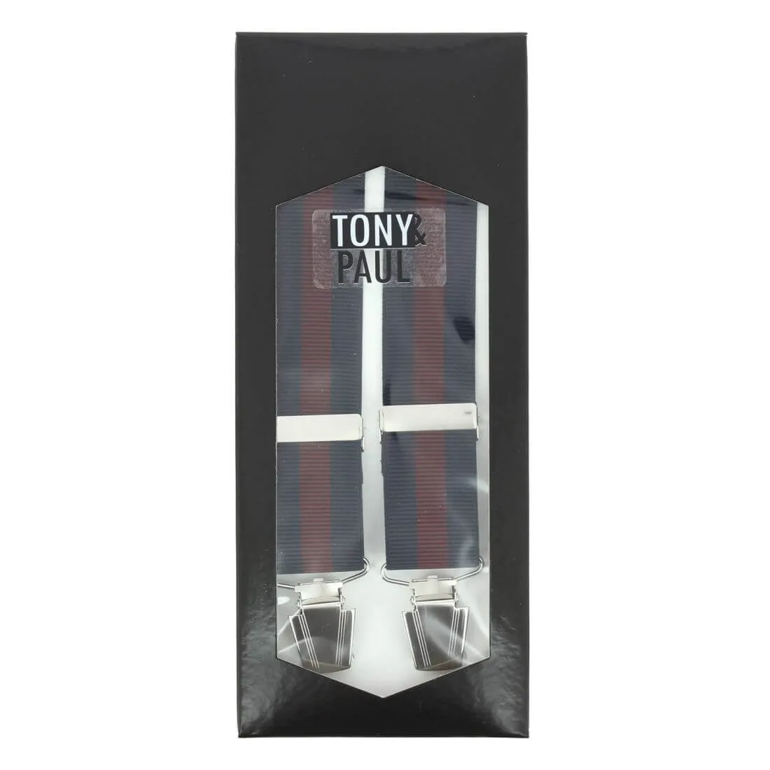 Bretelle 4 clips, rayures Bleu marine et bordeaux