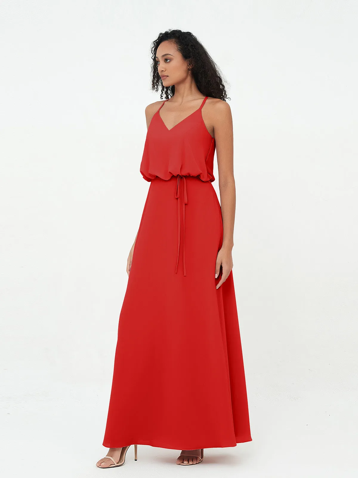 Bretelles Spaghetti Décolleté en V Robes en Mousseline Rouge