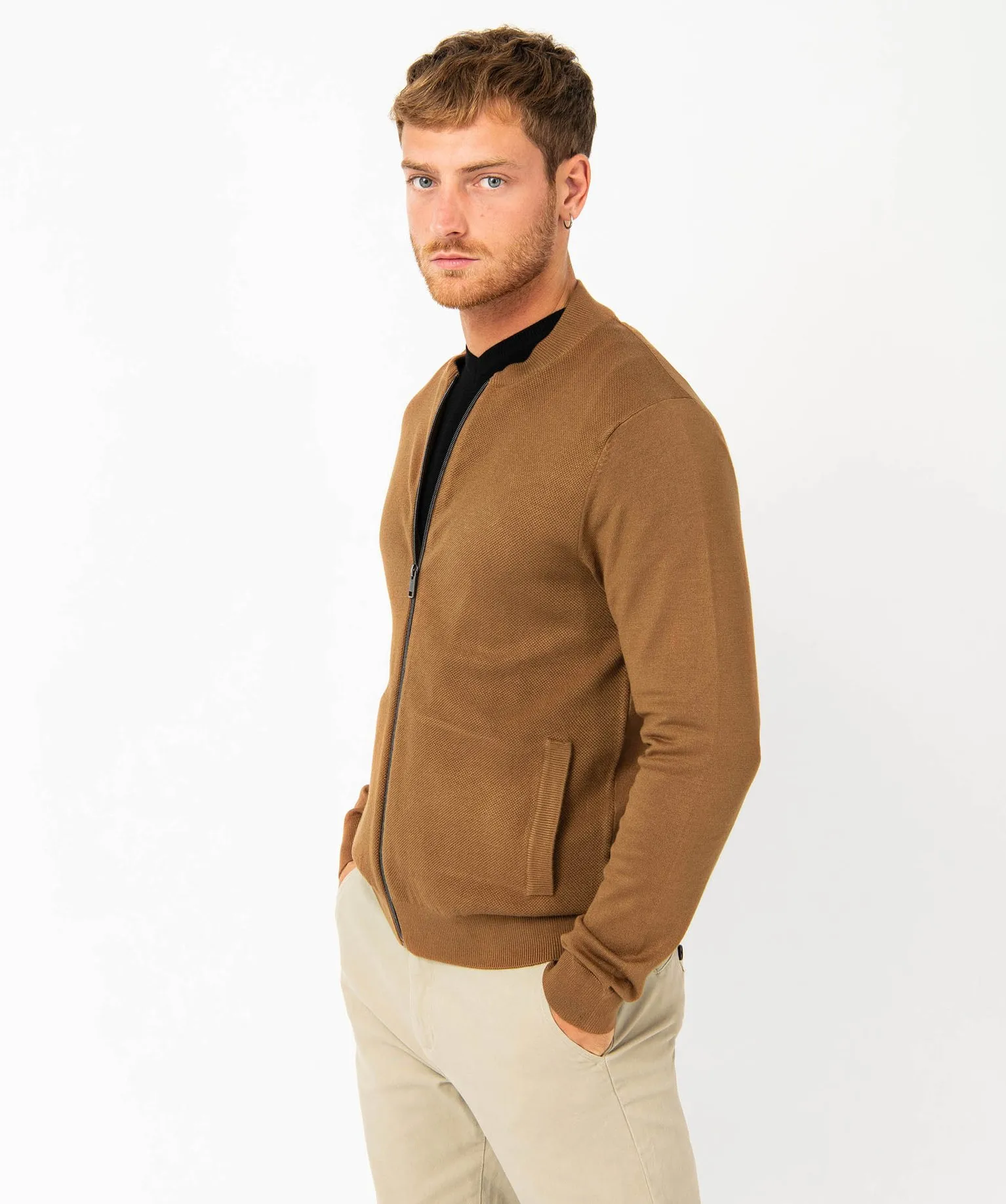 gilet zippe en maille piquee homme brun gilets