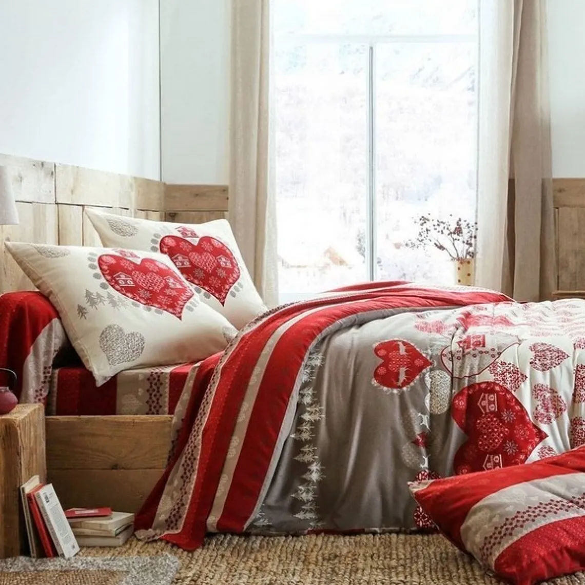 Housse de couette flanelle motifs c?urs - Gris | 3 Suisses