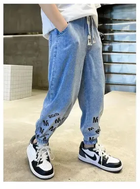 Jeans bleus taille haute pour adolescents, pantalons en denim minces pour garçons et filles, vêtements d'été pour enfants, 