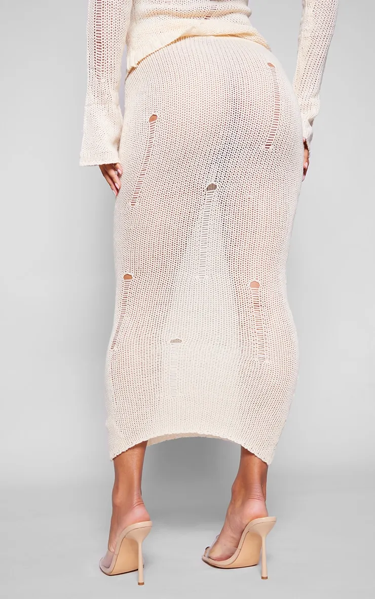 Jupe longue en maille tricot effilochée avoine