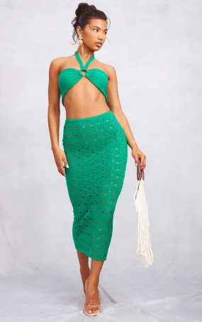 Jupe longue en maille tricot verte à trous