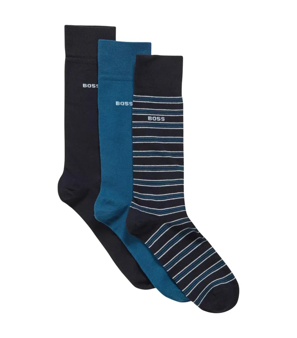 Lot de 3 paires de chaussettes hautes Boss en coton bleu et rayé