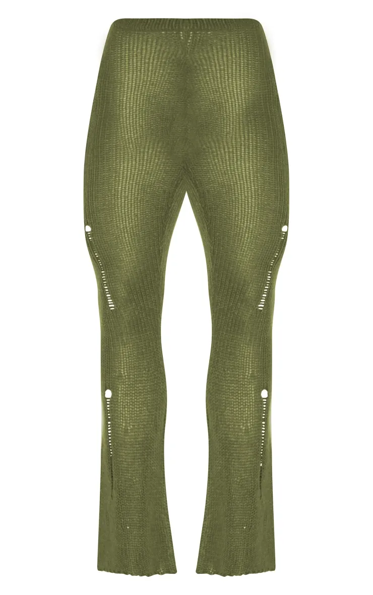 Pantalon flare en maille tricot effilochée kaki