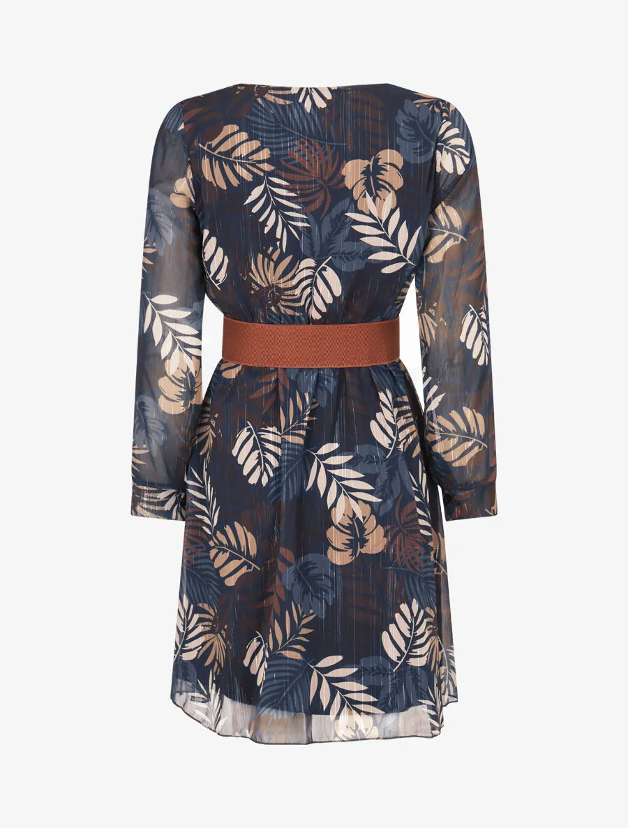 Robe légère en voile lamé imprimé feuilles tropicales