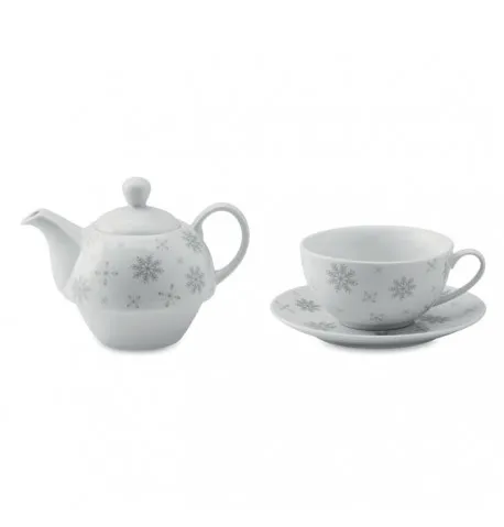 Un service de thé avec une théière et une tasse, de couleur grise. 