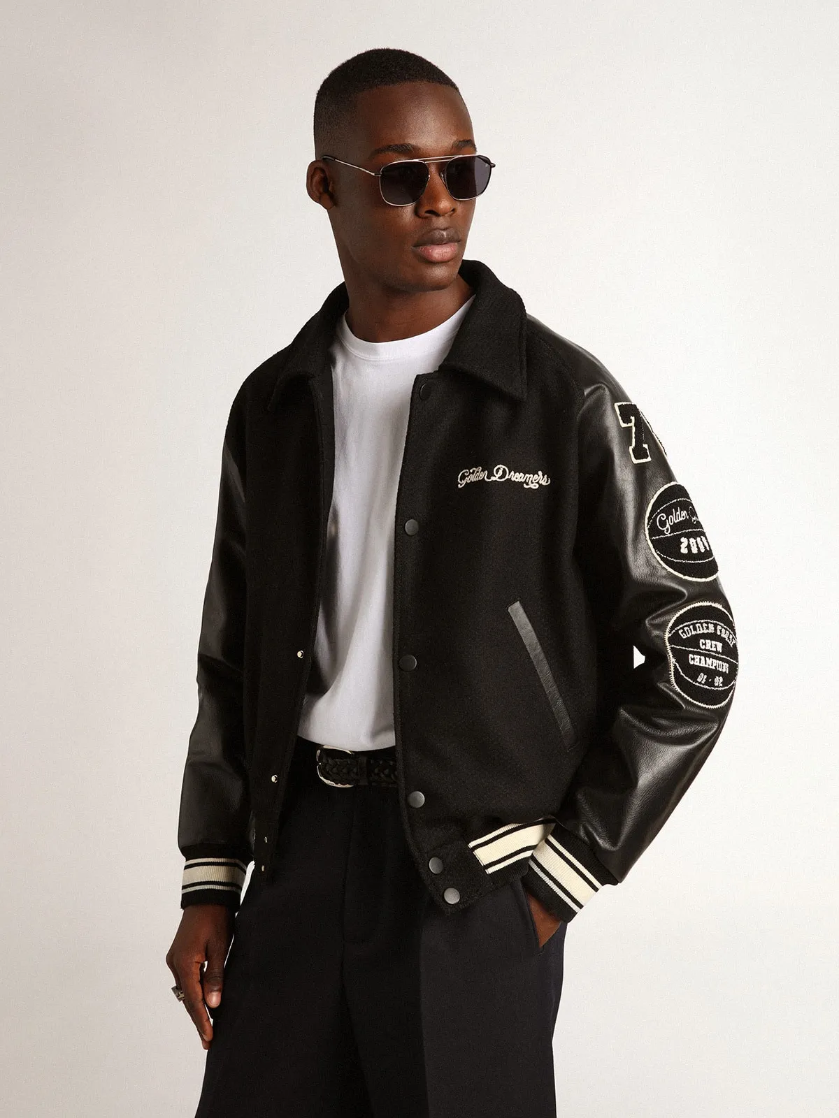 Veste bomber en laine noire avec patch | Golden Goose