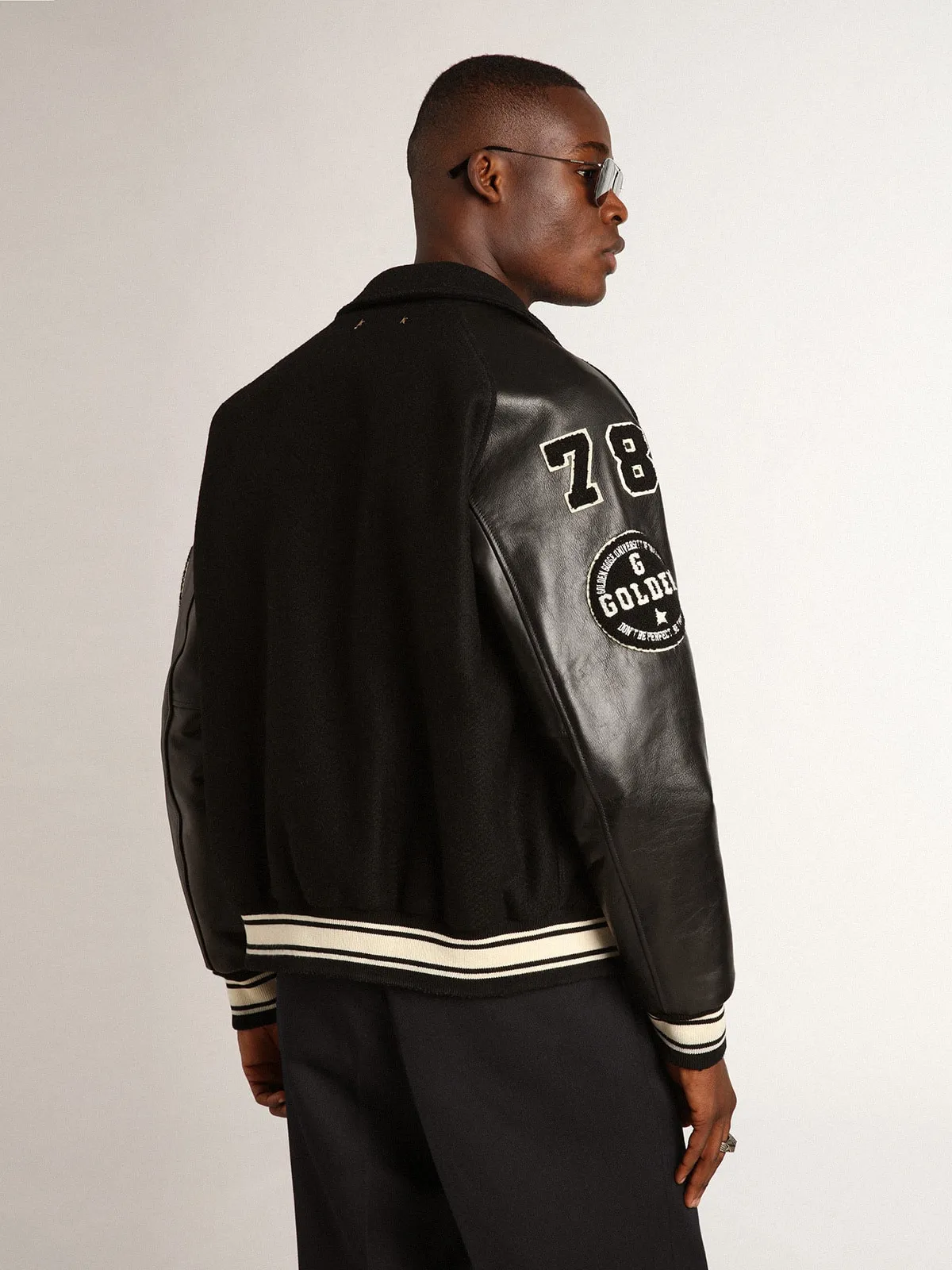 Veste bomber en laine noire avec patch | Golden Goose