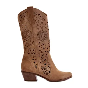 Zazoo Bottines Mi-Mollet Ajourées En Daim 3396 Beige